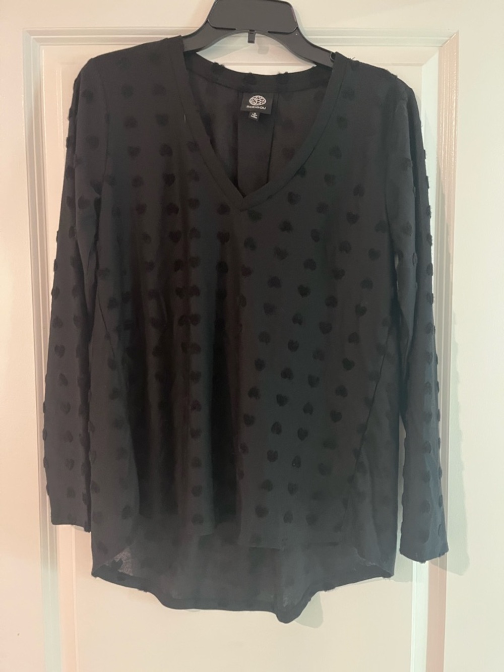 Women's Black V-Neck Long Sleeve Sheer Blouse with Flocked Dots